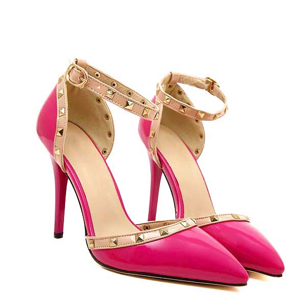 Noble Elegant Hot-Pink Rivets Ankle Wrap Pointed Toe High Heels SWS20330